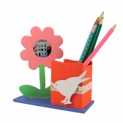 Pot à crayons en bois avec fleur 14 x 14 x 6 cm
