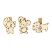 Pinces en bois prédessinées chat souris chien 6 pièces