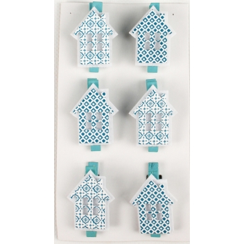 2654 - 3700443526545 - MegaCrea DIY - Pince à linge en bois et feutrine Maison bleu 6 pièces