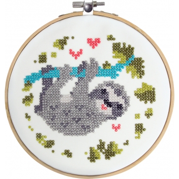 3947 - 3700443539477 - MegaCrea DIY - Kit Diamond Painting Paresseux : tambour à broder + strass - 2