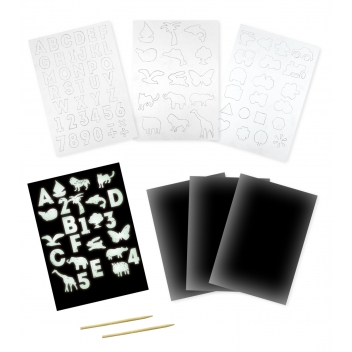 1715 - 3700443517154 - MegaCrea DIY - Kit enfant Cartes à gratter Phosporescent et pochoirs