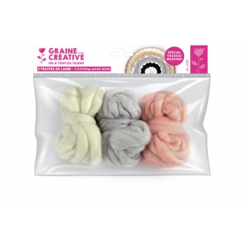 420150 - 3532434201502 - Graine créative - Grosse laine à tisser 3 Pelotes Blanc Gris Corail
