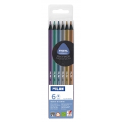 Crayons de couleur métallisés triangulaires bois noir 6 pièces