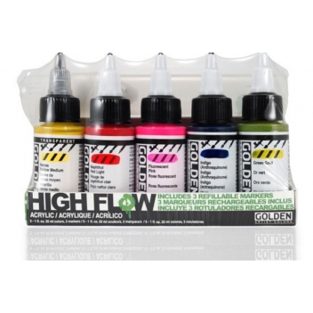 G-959 - 0738797095595 - Golden - Encre Acrylic High Flow Golden MARKER SET: 5 encres + 3 marqueurs