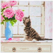 Tableau Broderie Diamant Crystal Art 30x30cm Chaton à la fenêtre