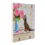 Tableau Broderie Diamant Crystal Art 30x30cm Chaton à la fenêtre