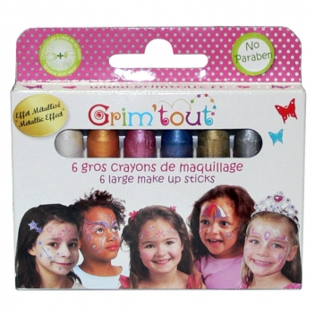 GT41949- - 3700010419492 - Grim'tout - Crayons de maquillage enfant Coul. métalliques 6 pièces - 2