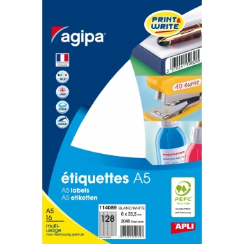 114089 - 3270241140897 - APLI AGIPA - 2048 étiquettes blanches 16 feuilles A5 6 x 33,5 mm - France - 2