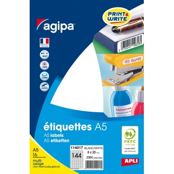 114017 - 3270241140170 - APLI AGIPA - 2304 étiquettes blanches 16 feuilles A5 8 x 20 mm - France - 2