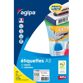 114006 - 3270241140064 - APLI AGIPA - 1792 étiquettes blanches 16 feuilles A5 12 x 18,3 mm - France - 2
