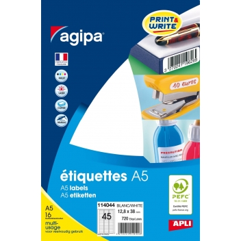 114044 - 3270241140446 - APLI AGIPA - 720 étiquettes blanches 16 feuilles A5 12,8 x 38 mm - France - 2