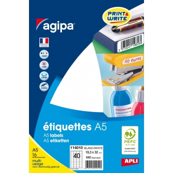 114010 - 3270241140101 - APLI AGIPA - 640 étiquettes blanches 16 feuilles A5 19,3 x 32 mm - France - 2