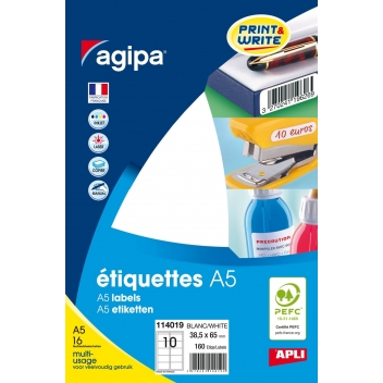 114019 - 3270241140194 - APLI AGIPA - 160 étiquettes blanches 16 feuilles A5 38,5 x 65 mm - France - 2