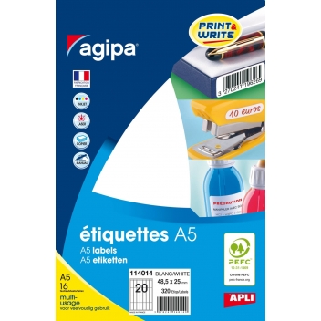 114014 - 3270241140149 - APLI AGIPA - 320 étiquettes blanches 16 feuilles A5 48,5 x 25 mm - France - 2