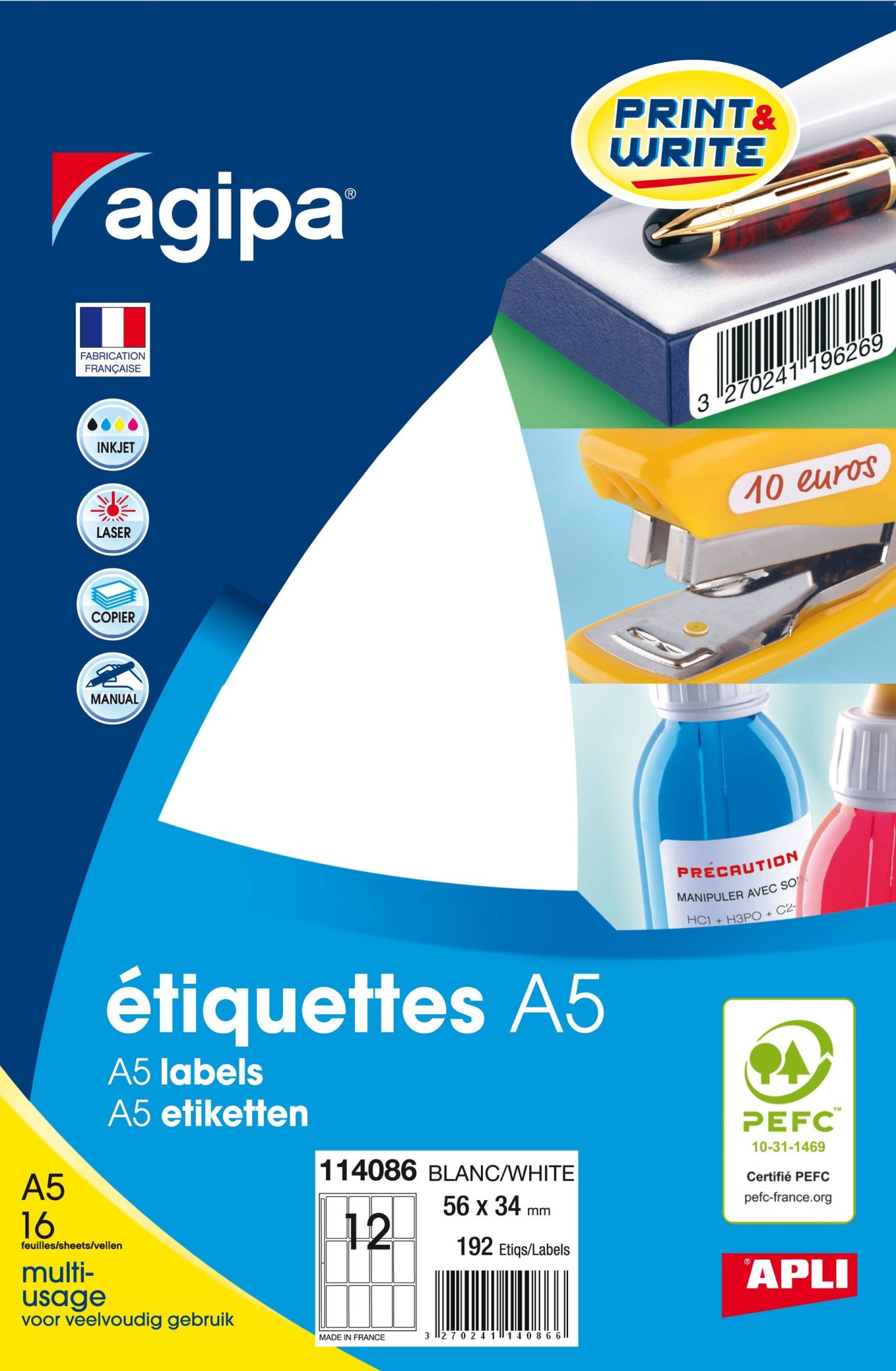 Agipa Etiquettes blanches 100 feuilles A4 51x33,8mm 3200 pièces 