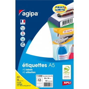 114086 - 3270241140866 - APLI AGIPA - 192 étiquettes blanches 16 feuilles A5 56 x 34 mm - France - 2