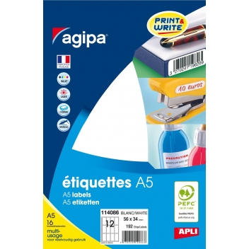 114086 - 3270241140866 - APLI AGIPA - 192 étiquettes blanches 16 feuilles A5 56 x 34 mm - France - 2