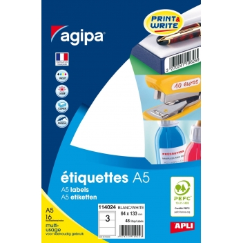 114024 - 3270241140248 - APLI AGIPA - Etiquettes blanches 16 feuilles A5 64 x 133 mm 48 pièces - France - 2
