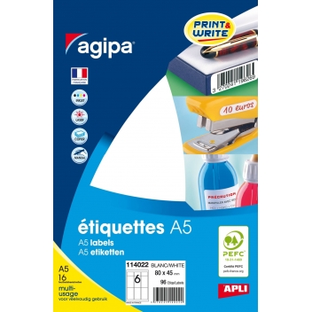 114022 - 3270241140224 - APLI AGIPA - 96 étiquettes blanches 16 feuilles A5 80 x 45 mm - France - 2