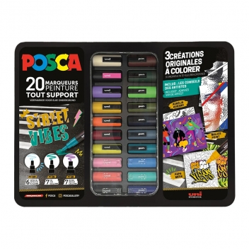M POSCA METAL/20 018 - 3296280049151 - Posca - Mallette Posca 20 marqueurs Street vibes