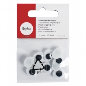 Yeux mobiles en plastique à coller, ø 12 mm, 10 pces, ovale, noir / blanc