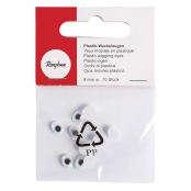 Yeux mobiles en plastique à coller, ø 8 mm, 10 pces, ovale, noir / blanc